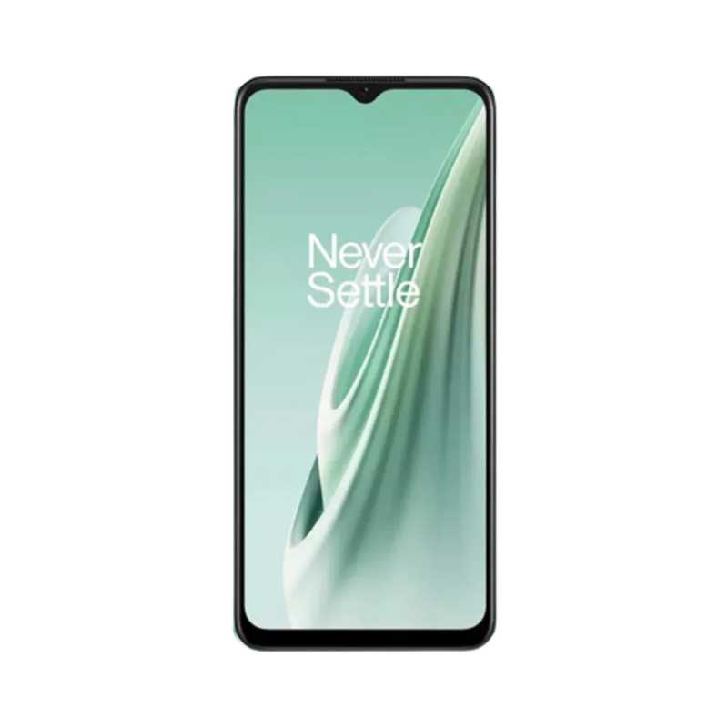 Réparation OnePlus Nord N20 SE iTelier Lyon – téléphone présenté de face en position verticale, écran allumé avec fond vert clair marqué Never Settle, idéal pour réparation écran, diagnostic offert et changement batterie rapide.