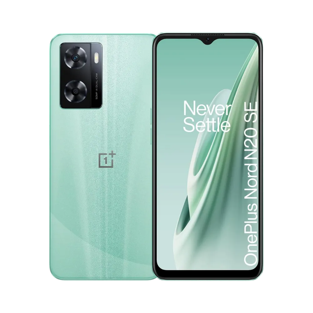Réparation OnePlus Nord N20 SE iTelier Lyon – smartphone affiché avec écran avant allumé en position verticale et dos vert clair visible à gauche avec double capteur photo rectangulaire, optimisé pour remplacement écran, batterie et diagnostic gratuit.
