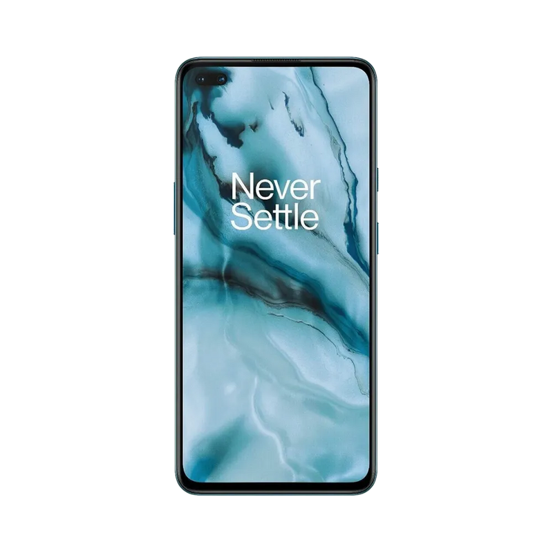 Réparation OnePlus Nord iTelier Lyon – téléphone présenté de face en position verticale, écran allumé avec fond marbré bleu et texte Never Settle, idéal pour réparation écran, diagnostic offert et changement batterie rapide.
