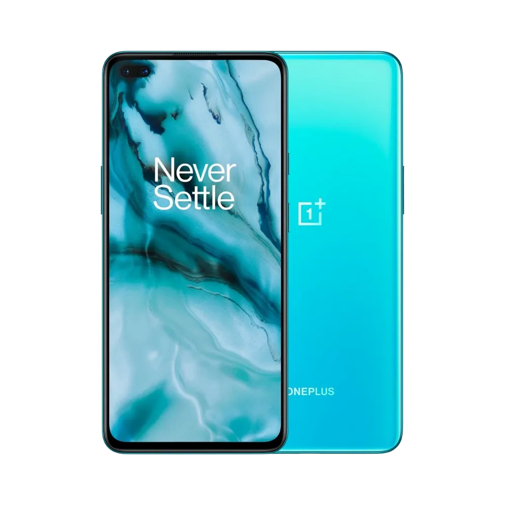 Réparation OnePlus Nord iTelier Lyon – smartphone affiché avec écran avant allumé en position verticale et dos bleu dégradé visible à gauche avec quadruple capteur photo vertical, optimisé pour remplacement écran, batterie et diagnostic gratuit.