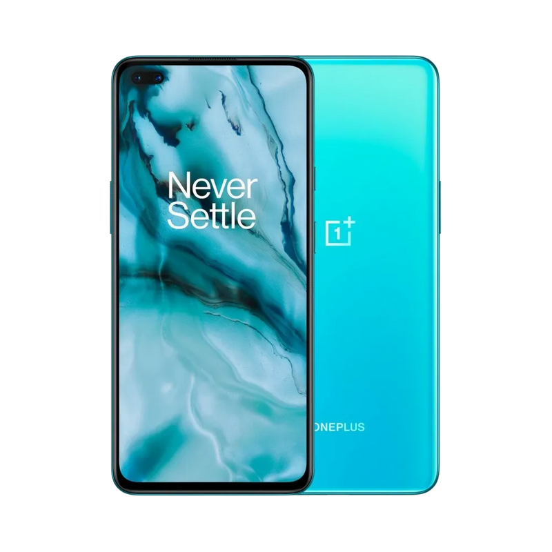 Réparation OnePlus Nord iTelier Lyon – smartphone affiché avec écran avant allumé en position verticale et dos bleu dégradé visible à gauche avec quadruple capteur photo vertical, optimisé pour remplacement écran, batterie et diagnostic gratuit.