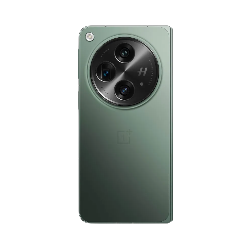Réparation OnePlus Open iTelier Lyon – smartphone pliable montré de dos en position verticale, coloris vert mat avec module photo circulaire proéminent, optimisé pour réparation vitre arrière, caméra et batterie.