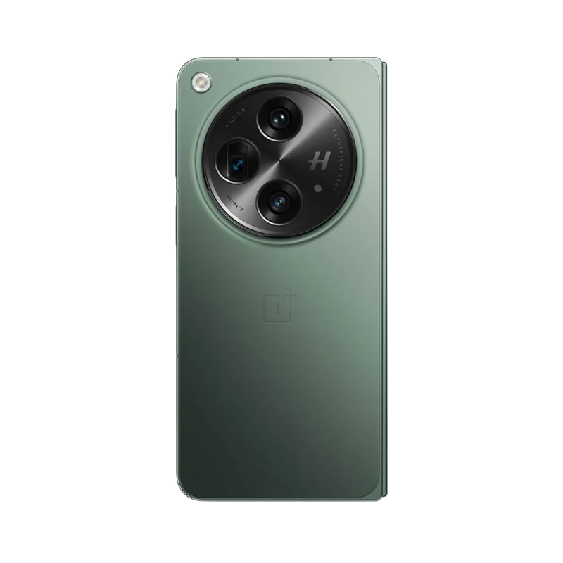 Réparation OnePlus Open iTelier Lyon – smartphone pliable montré de dos en position verticale, coloris vert mat avec module photo circulaire proéminent, optimisé pour réparation vitre arrière, caméra et batterie.