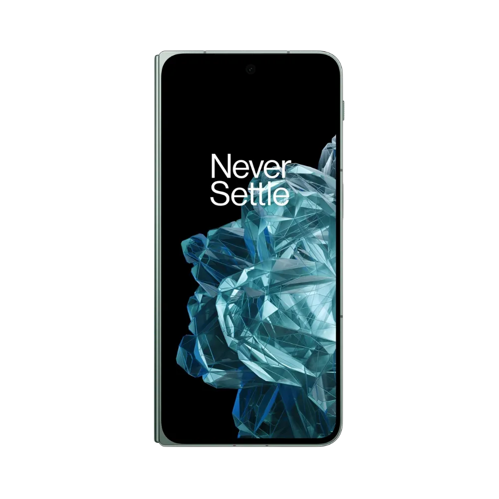 Réparation OnePlus Open iTelier Lyon – téléphone pliable présenté de face en position verticale, écran allumé avec fond sombre et logo Never Settle, idéal pour réparation écran, diagnostic offert et changement batterie rapide.