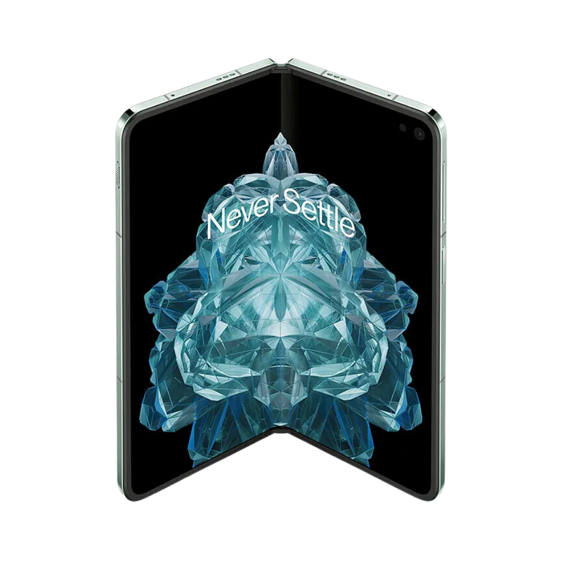 Réparation OnePlus Open iTelier Lyon – smartphone pliable affiché en position ouverte, grand écran interne allumé avec fond sombre, adapté aux réparations écran pliable, batterie et diagnostic complet.