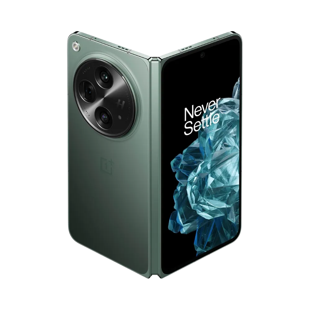 Réparation OnePlus Open iTelier Lyon – smartphone pliable affiché avec écran avant allumé en position verticale et dos vert avec grand module photo circulaire, optimisé pour remplacement écran, batterie et diagnostic gratuit.