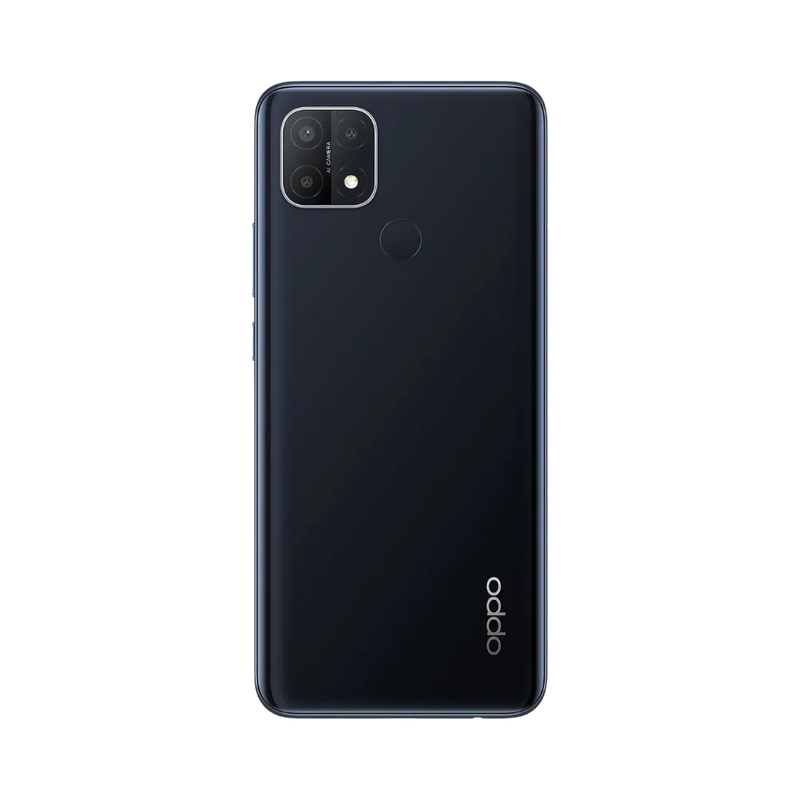 Smartphone Oppo A15 en vue arrière couleur noire, module photo carré en haut à gauche. Photo iTelier Lyon pour réparation vitre arrière, batterie et diagnostic gratuit avec garantie.
