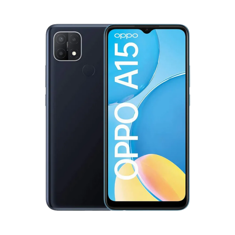Photo Oppo A15 en vue avant avec écran allumé et arrière noir visible, angle trois quarts. Image optimisée iTelier Lyon pour réparation écran fissuré, batterie, diagnostic gratuit et pièces garanties.