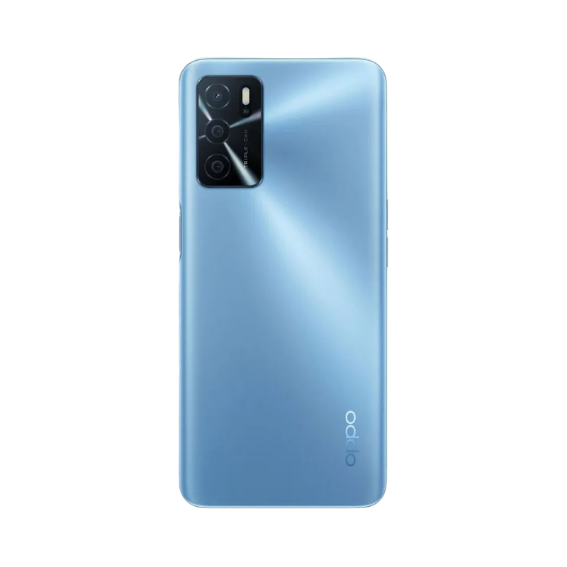 Smartphone Oppo A16 en vue arrière couleur bleu clair, module photo rectangulaire noir bien visible en haut à gauche. Photo iTelier Lyon pour réparation vitre arrière, batterie et diagnostic gratuit.