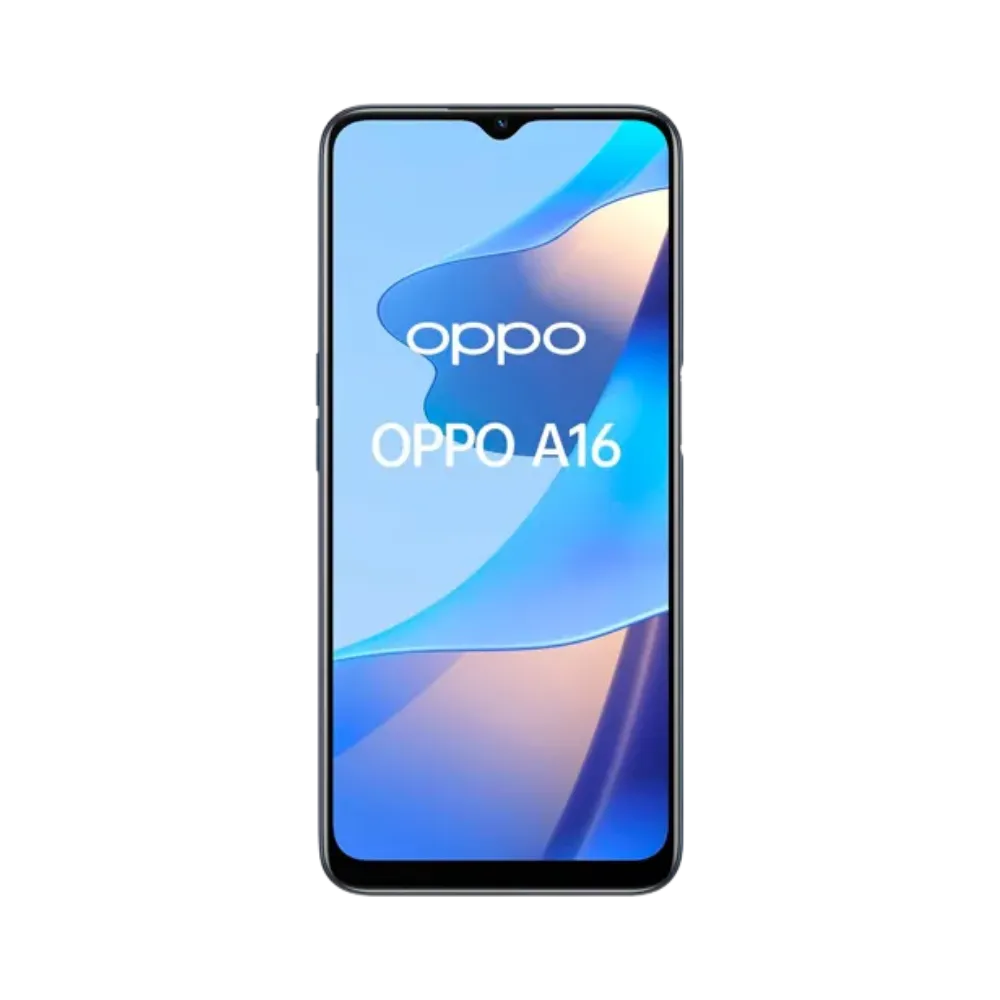 Oppo A16 affiché en vue frontale avec écran allumé sur fond bleu clair et beige. Illustration iTelier Lyon pour réparation écran cassé, vitre tactile, diagnostic offert et service rapide garanti.