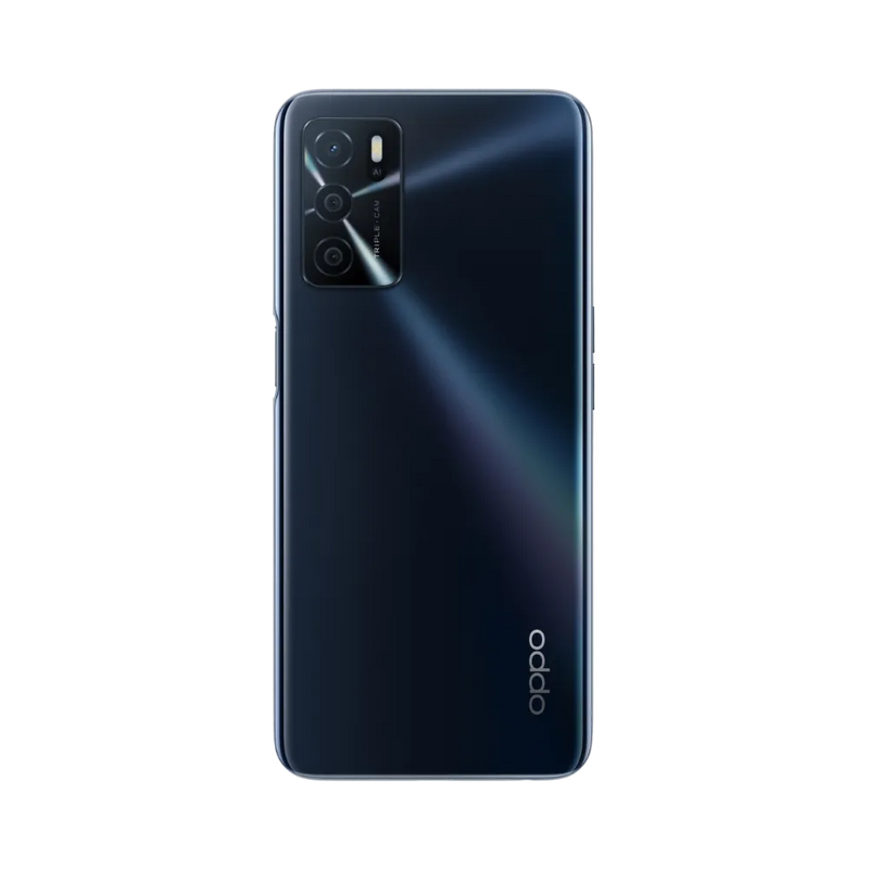 Smartphone Oppo A16s en vue arrière couleur bleu foncé, module photo rectangulaire noir bien visible en haut à gauche. Photo iTelier Lyon pour réparation vitre arrière, batterie et diagnostic gratuit.