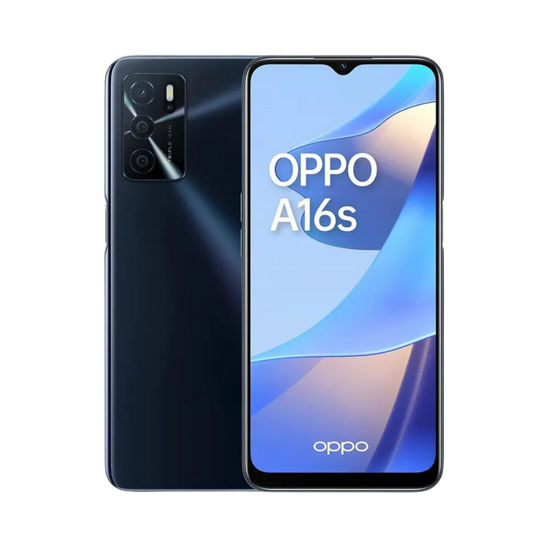 Photo Oppo A16s en vue avant avec écran allumé et arrière bleu foncé visible, angle trois quarts. Image optimisée iTelier Lyon pour réparation écran fissuré, batterie, diagnostic gratuit et pièces garanties.