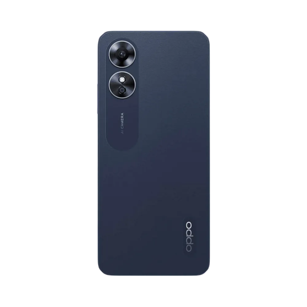 Smartphone Oppo A17 en vue arrière couleur bleu foncé, double module photo circulaire en haut à gauche. Photo iTelier Lyon pour réparation vitre arrière, batterie et diagnostic gratuit avec garantie.