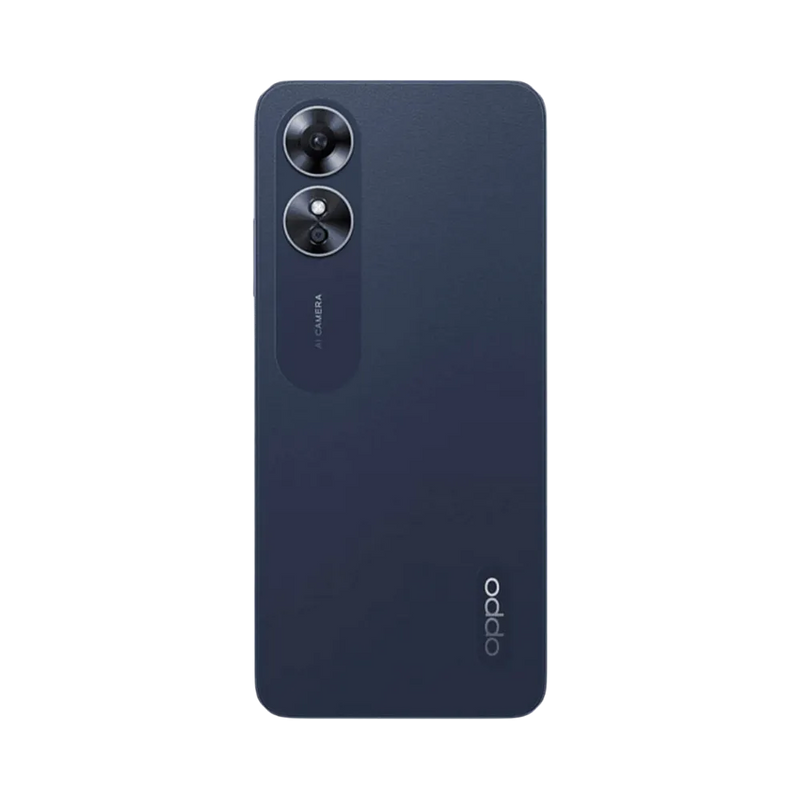 Smartphone Oppo A17 en vue arrière couleur bleu foncé, double module photo circulaire en haut à gauche. Photo iTelier Lyon pour réparation vitre arrière, batterie et diagnostic gratuit avec garantie.
