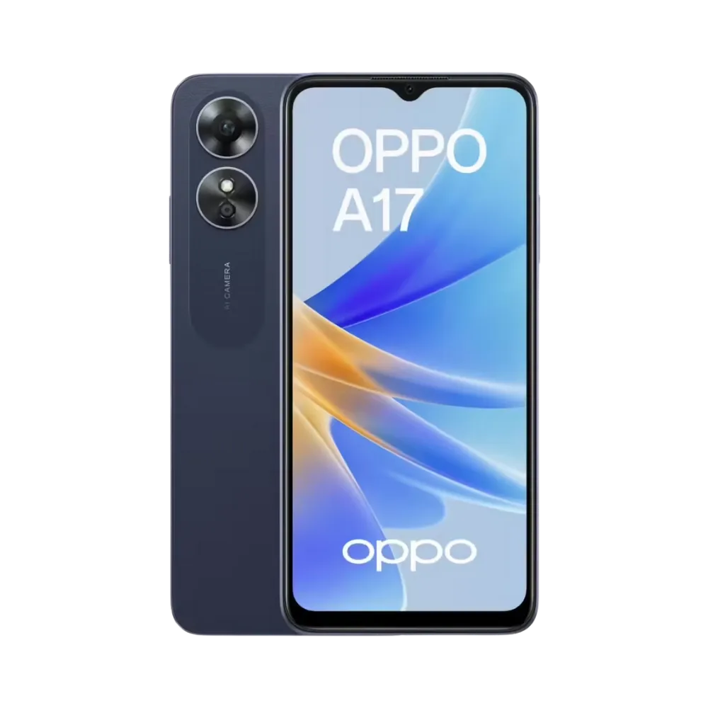 Photo Oppo A17 en vue avant avec écran allumé et arrière bleu foncé visible, angle trois quarts. Image optimisée iTelier Lyon pour réparation écran fissuré, batterie, diagnostic gratuit et pièces garanties.