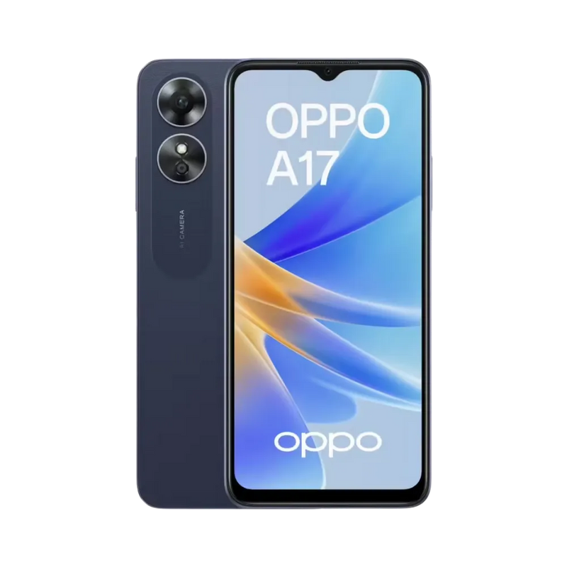Photo Oppo A17 en vue avant avec écran allumé et arrière bleu foncé visible, angle trois quarts. Image optimisée iTelier Lyon pour réparation écran fissuré, batterie, diagnostic gratuit et pièces garanties.