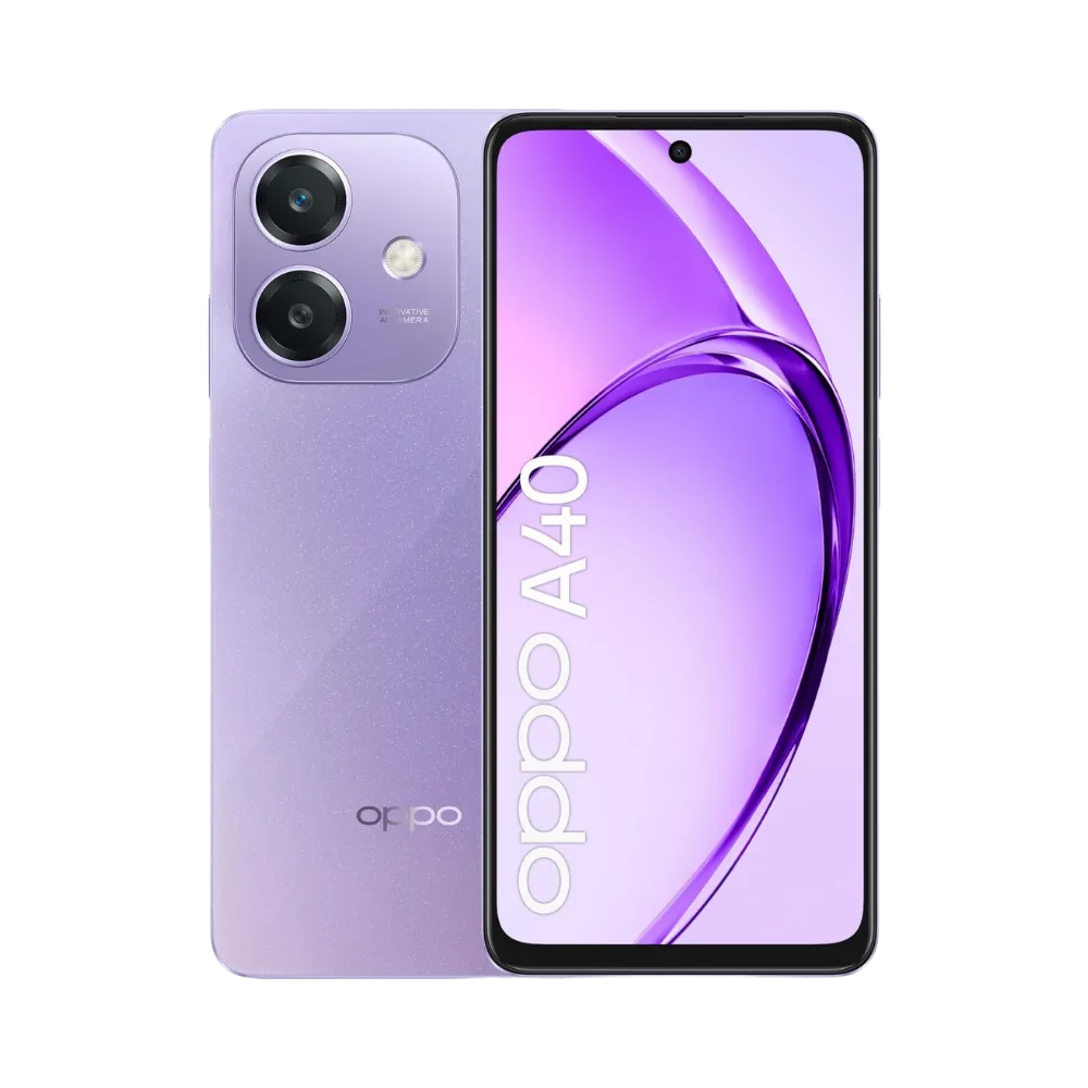 Photo Oppo A40 en vue avant avec écran allumé et arrière violet clair visible, angle trois quarts. Image optimisée iTelier Lyon pour réparation écran fissuré, batterie, diagnostic gratuit et pièces garanties.