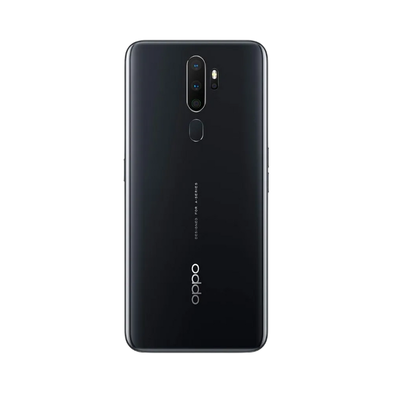 Smartphone Oppo A5 2020 en vue arrière couleur noire, quadruple module photo centré en haut avec capteur d’empreinte en dessous. Photo iTelier Lyon pour réparation vitre arrière, batterie et diagnostic gratuit.