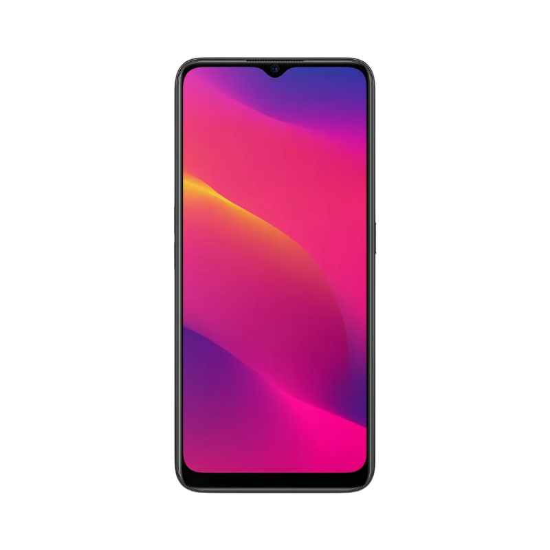 Oppo A5 2020 affiché en vue frontale avec écran allumé sur fond violet et rose. Illustration iTelier Lyon pour réparation écran cassé, vitre tactile, diagnostic offert et service rapide garanti.