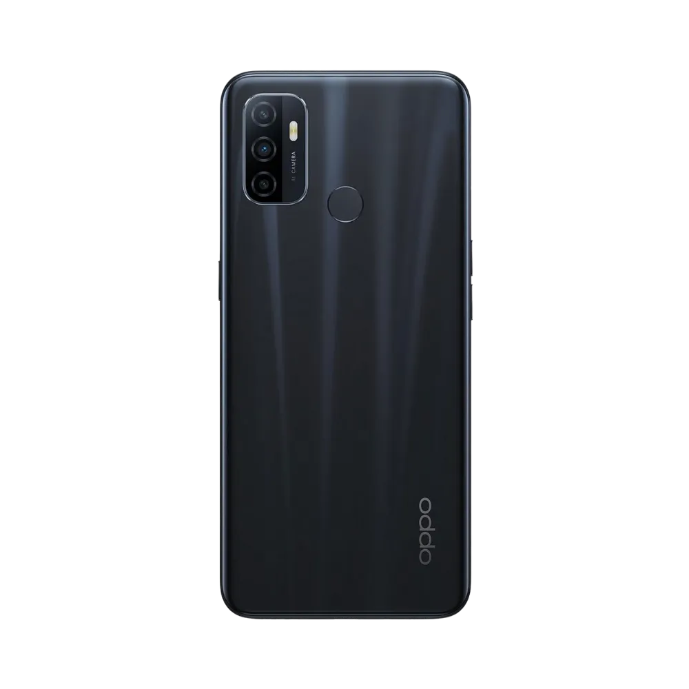 Smartphone Oppo A53 en vue arrière couleur noire, module photo rectangulaire noir bien visible en haut à gauche. Photo iTelier Lyon pour réparation vitre arrière, batterie et diagnostic gratuit.