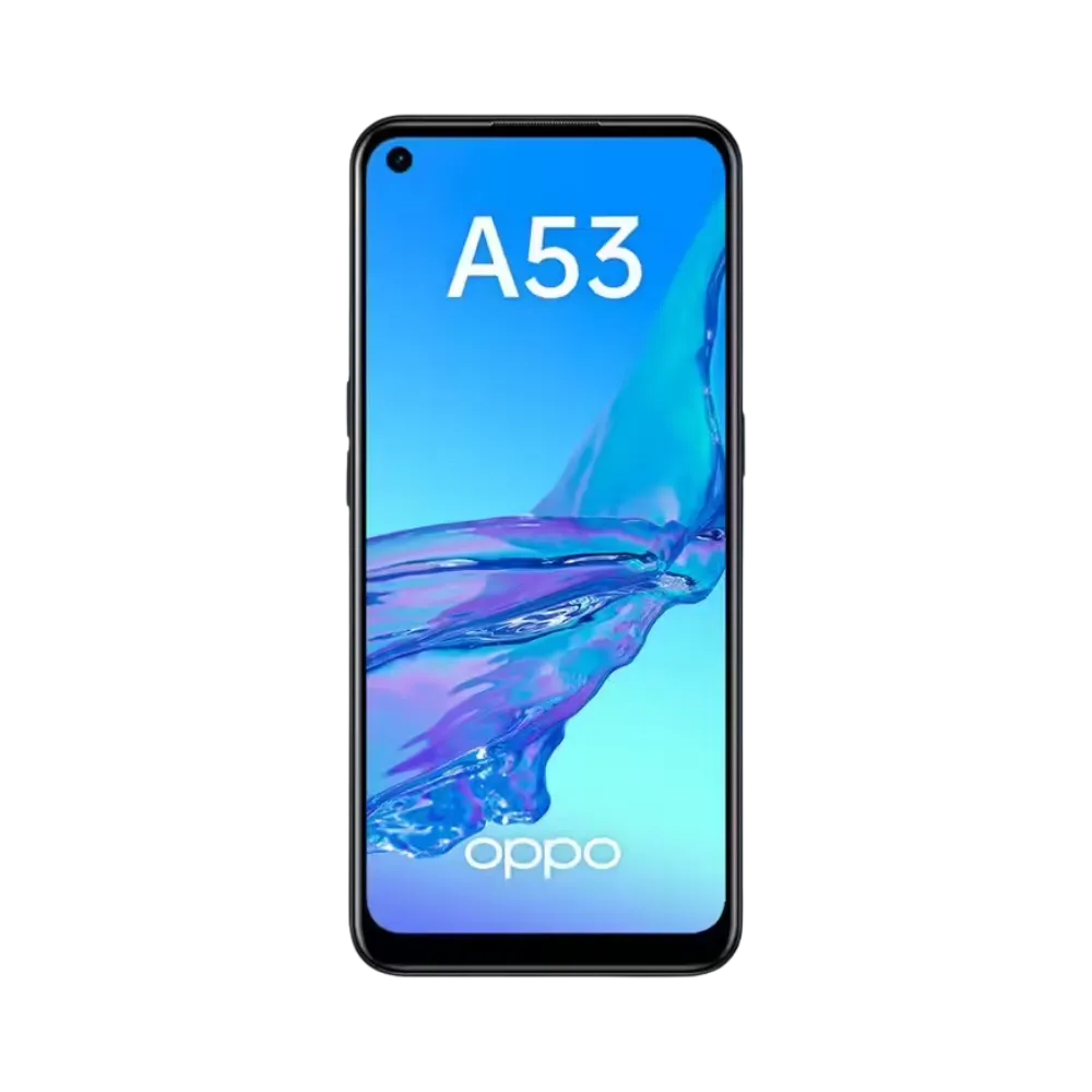 Oppo A53 affiché en vue frontale avec écran allumé sur fond bleu et violet. Illustration iTelier Lyon pour réparation écran cassé, vitre tactile, diagnostic offert et service rapide garanti.