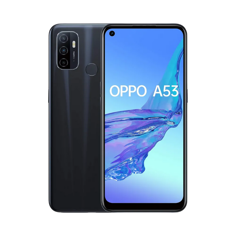 Photo Oppo A53 en vue avant avec écran allumé et arrière noir visible, angle trois quarts. Image optimisée iTelier Lyon pour réparation écran fissuré, batterie, diagnostic gratuit et pièces garanties.