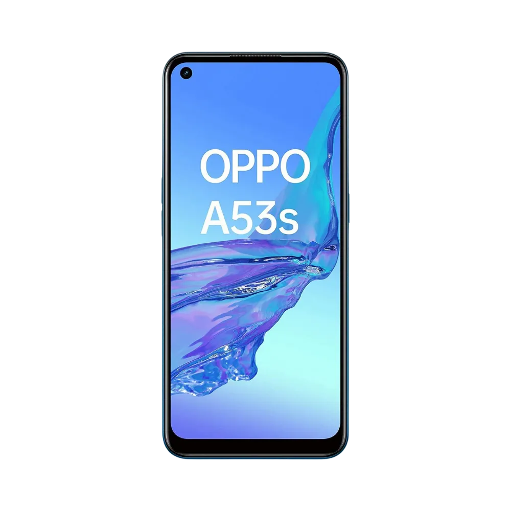 Oppo A53s affiché en vue frontale avec écran allumé sur fond bleu clair et violet. Illustration iTelier Lyon pour réparation écran cassé, vitre tactile, diagnostic offert et service rapide garanti.