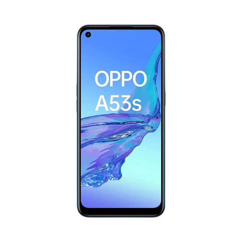 Oppo A53s affiché en vue frontale avec écran allumé sur fond bleu clair et violet. Illustration iTelier Lyon pour réparation écran cassé, vitre tactile, diagnostic offert et service rapide garanti.