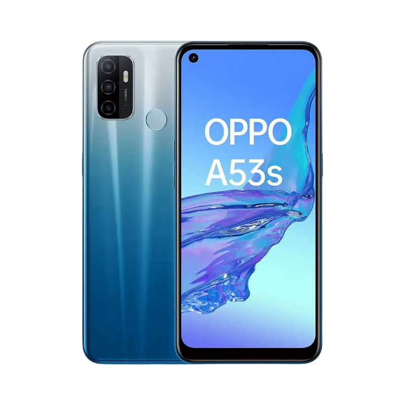 Photo Oppo A53s en vue avant avec écran allumé et arrière bleu dégradé visible, angle trois quarts. Image optimisée iTelier Lyon pour réparation écran fissuré, batterie, diagnostic gratuit et pièces garanties.