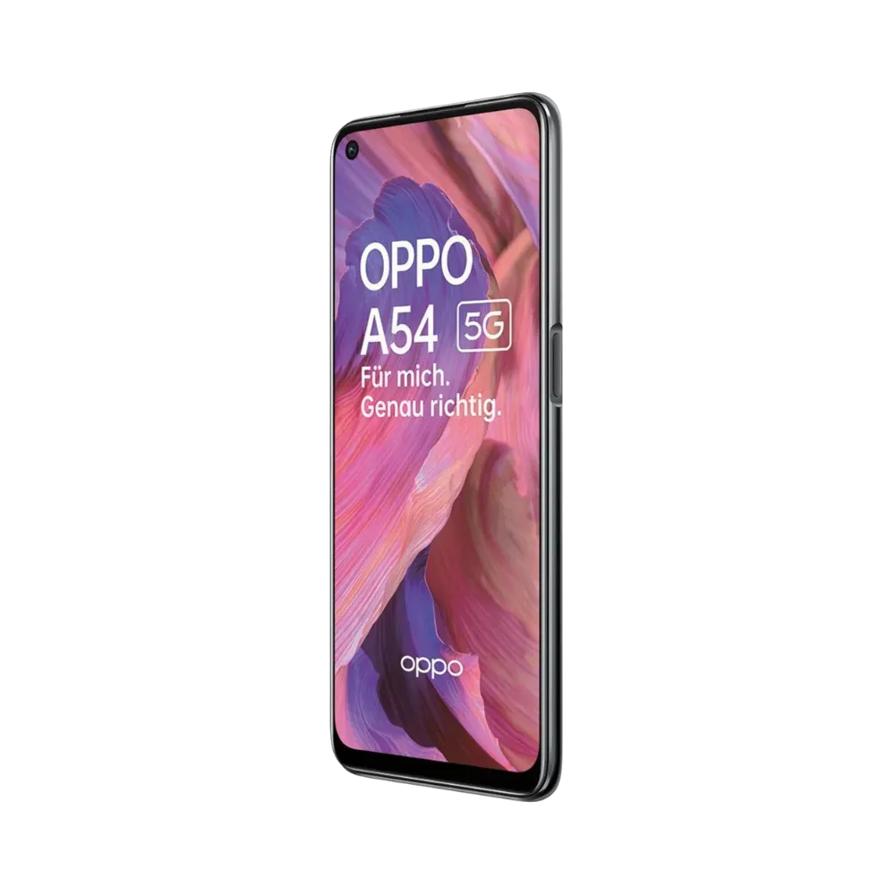 Oppo A54 5G affiché en vue frontale avec écran allumé sur fond rouge et violet. Illustration iTelier Lyon pour réparation écran cassé, vitre tactile, diagnostic offert et service rapide garanti.