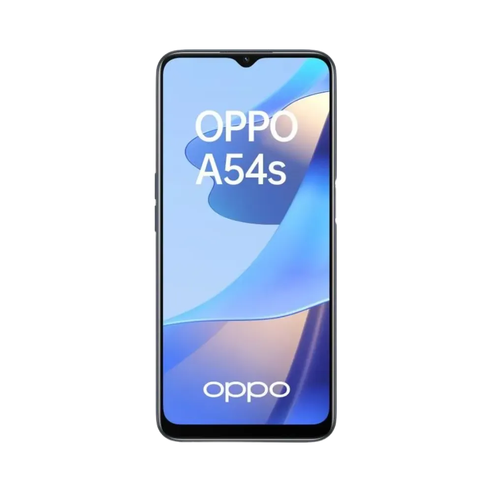 Oppo A54s affiché en vue frontale avec écran allumé sur fond bleu clair et beige. Illustration iTelier Lyon pour réparation écran cassé, vitre tactile, diagnostic offert et service rapide garanti.
