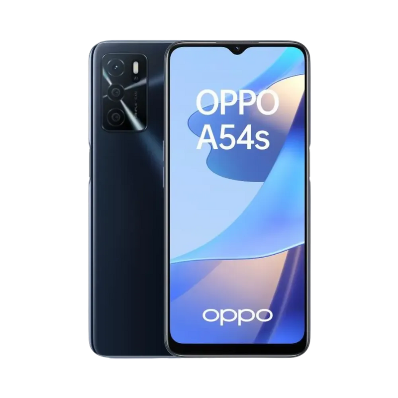 Photo Oppo A54s en vue avant avec écran allumé et arrière bleu foncé visible, angle trois quarts. Image optimisée iTelier Lyon pour réparation écran fissuré, batterie, diagnostic gratuit et pièces garanties.