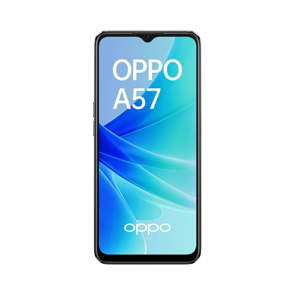 Oppo A57 affiché en vue frontale avec écran allumé sur fond bleu et turquoise lumineux. Illustration iTelier Lyon pour réparation écran cassé, vitre tactile, diagnostic offert et service rapide garanti.