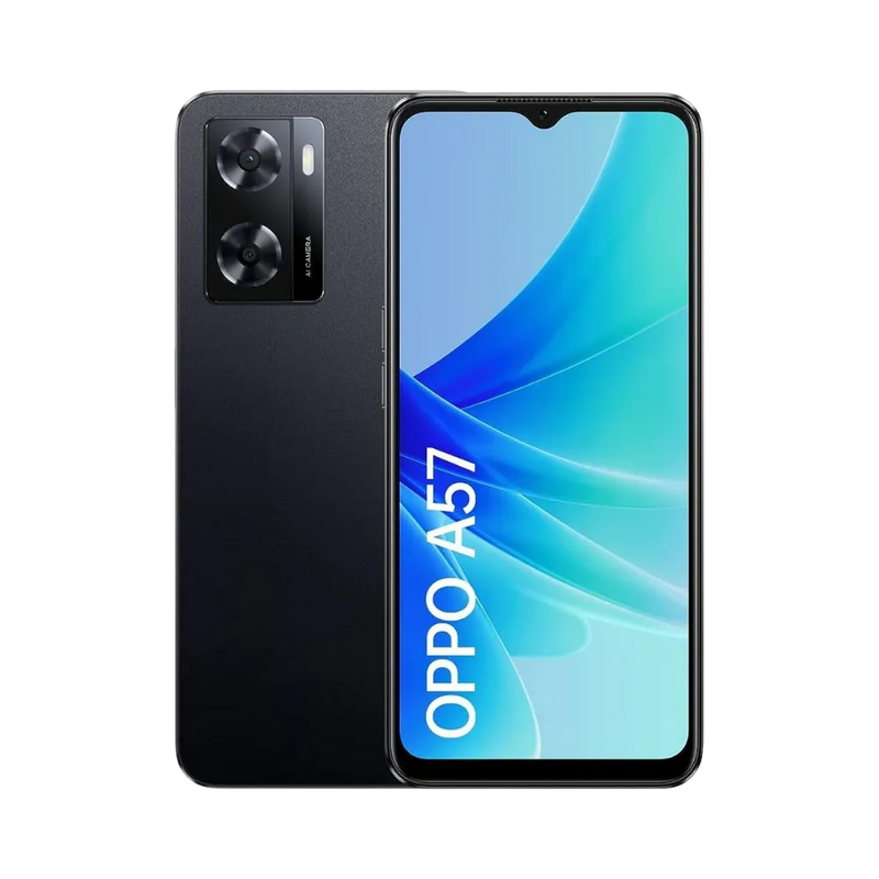 Photo Oppo A57 en vue avant avec écran allumé et arrière noir visible, angle trois quarts. Image optimisée iTelier Lyon pour réparation écran fissuré, batterie, diagnostic gratuit et pièces garanties.