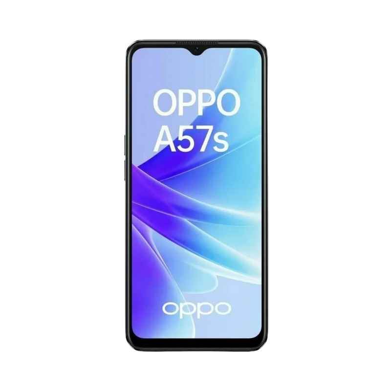 Oppo A57s affiché en vue frontale avec écran allumé sur fond bleu et violet lumineux. Illustration iTelier Lyon pour réparation écran cassé, vitre tactile, diagnostic offert et service rapide garanti.
