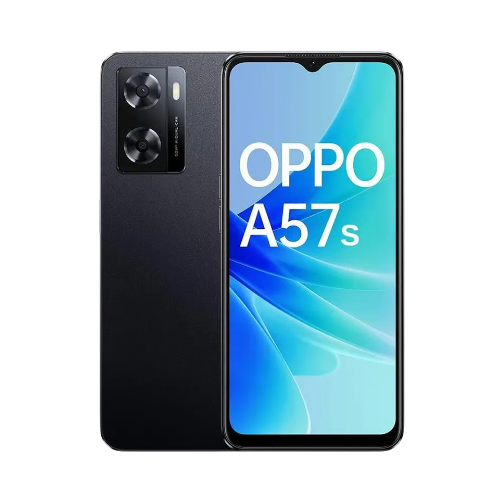 Photo Oppo A57s en vue avant avec écran allumé et arrière noir visible, angle trois quarts. Image optimisée iTelier Lyon pour réparation écran fissuré, batterie, diagnostic gratuit et pièces garanties.