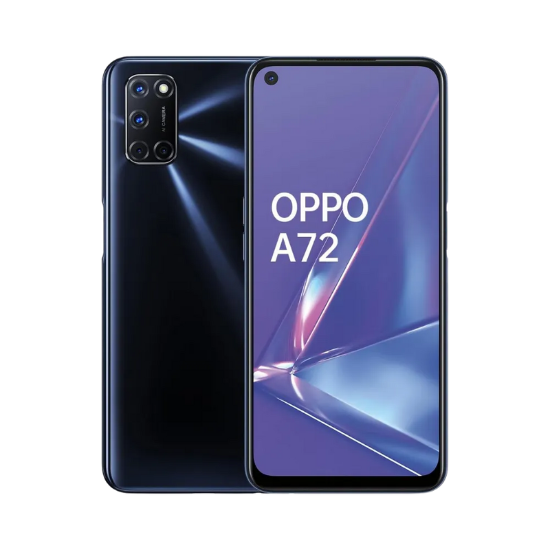 Photo Oppo A72 en vue avant avec écran allumé et arrière noir visible, angle trois quarts. Image optimisée iTelier Lyon pour réparation écran cassé, batterie, diagnostic offert et pièces garanties.