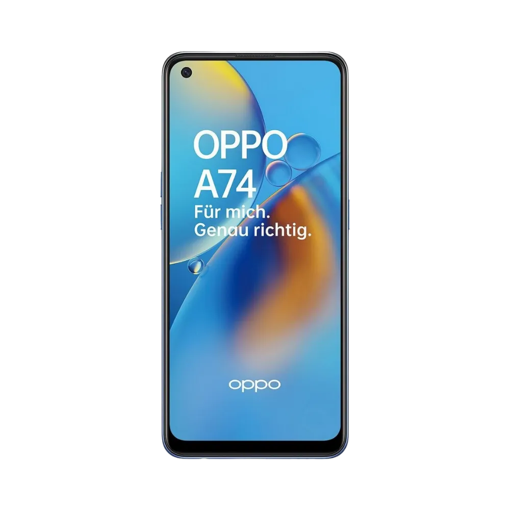 Oppo A74 4G affiché en vue frontale avec écran allumé sur fond bleu et orange. Illustration iTelier Lyon pour réparation écran cassé, vitre tactile, diagnostic offert et service rapide garanti.