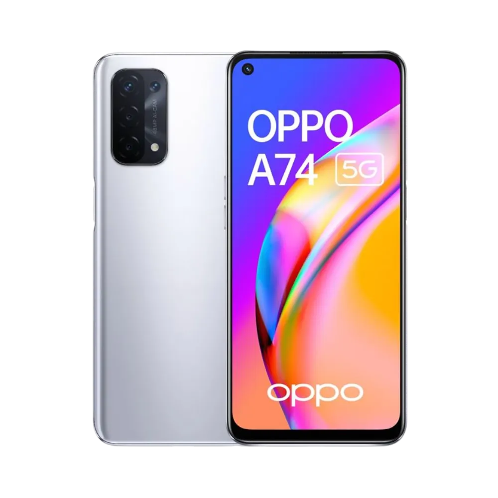 Photo Oppo A74 5G en vue avant avec écran allumé et arrière argenté visible, angle trois quarts. Image optimisée iTelier Lyon pour réparation écran fissuré, batterie, diagnostic gratuit et pièces garanties.
