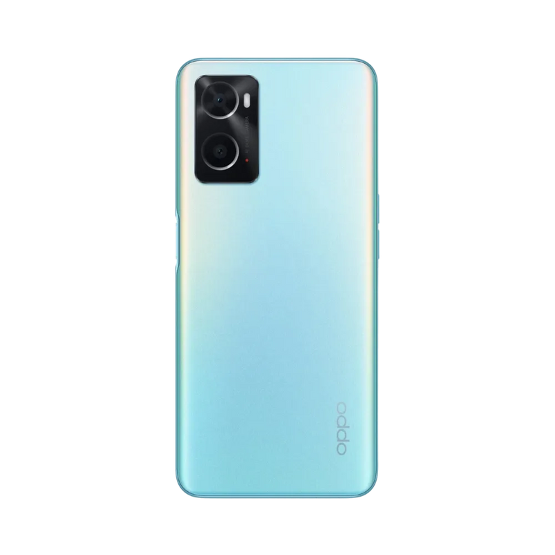 Smartphone Oppo A76 en vue arrière couleur bleu dégradé, double capteur photo rectangulaire en haut à gauche. Photo iTelier Lyon pour réparation vitre arrière, batterie et diagnostic gratuit garanti.