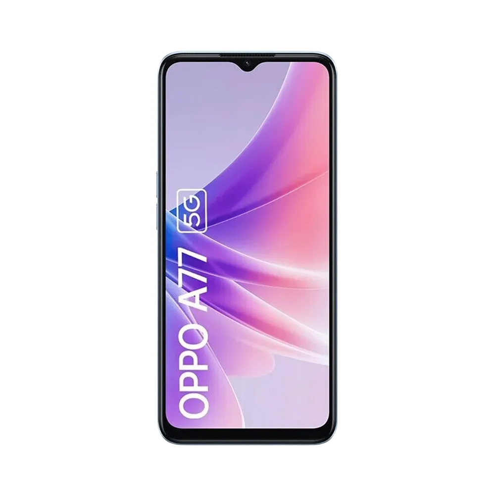 Oppo A77 5G affiché en vue frontale avec écran allumé sur fond violet et rose. Illustration iTelier Lyon pour réparation écran tactile, vitre cassée, diagnostic gratuit et service rapide garanti.