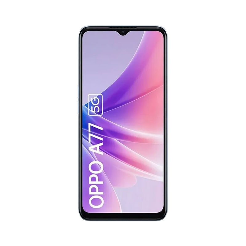 Oppo A77 5G affiché en vue frontale avec écran allumé sur fond violet et rose. Illustration iTelier Lyon pour réparation écran tactile, vitre cassée, diagnostic gratuit et service rapide garanti.