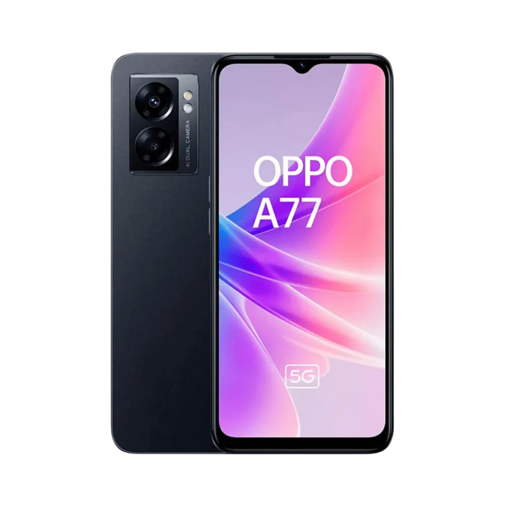 Photo Oppo A77 5G en vue avant avec écran allumé et arrière noir visible, angle trois quarts. Image optimisée iTelier Lyon pour réparation écran fissuré, batterie, diagnostic offert et pièces garanties.