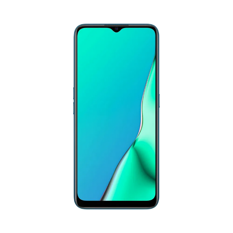 Oppo A9 2020 affiché en vue frontale avec écran allumé sur fond vert et bleu. Illustration iTelier Lyon pour réparation écran cassé, vitre tactile, diagnostic offert et service rapide garanti.