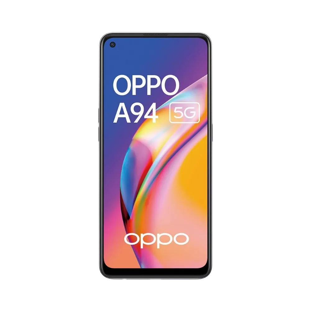 Oppo A94 5G présenté en vue frontale avec écran allumé affichant fond violet et orange, illustration iTelier Lyon pour réparation écran fissuré, diagnostic gratuit et service express garanti.