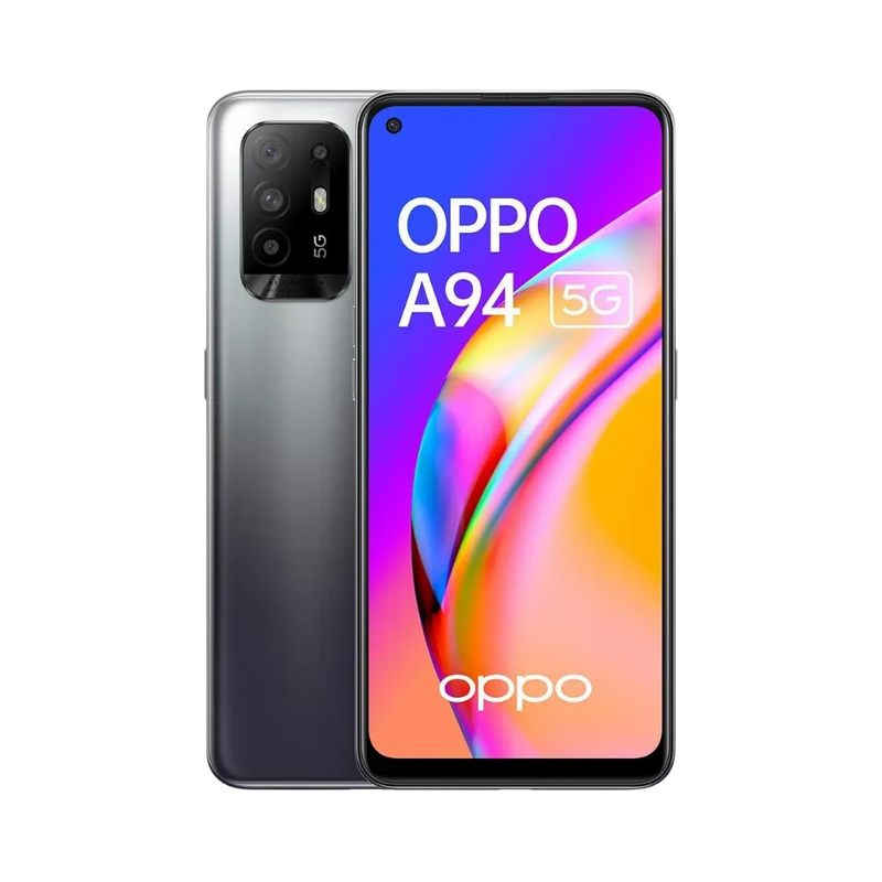 Photo Oppo A94 5G en vue avant avec écran allumé et arrière gris visible, angle trois quarts. Image utilisée par iTelier Lyon pour réparation écran, batterie, diagnostic offert et pièces garanties.