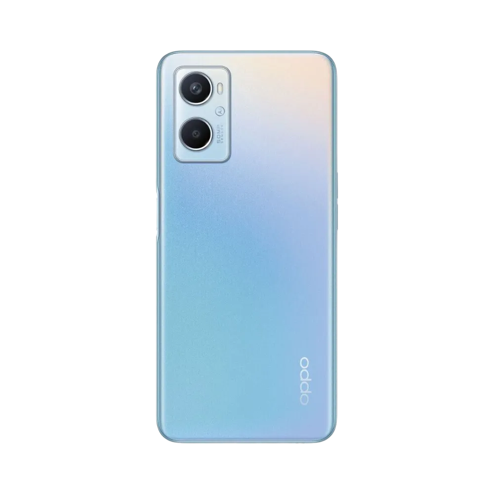 Smartphone Oppo A96 en vue arrière couleur bleu dégradé, double module photo visible en haut à gauche, image optimisée pour iTelier Lyon réparation batterie, vitre arrière et diagnostic gratuit.