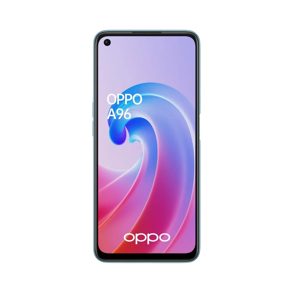Oppo A96 affiché en vue frontale, écran allumé sur fond dégradé violet et rose, image utilisée par iTelier Lyon pour illustrer la réparation d’écran, diagnostic offert et service rapide garanti.