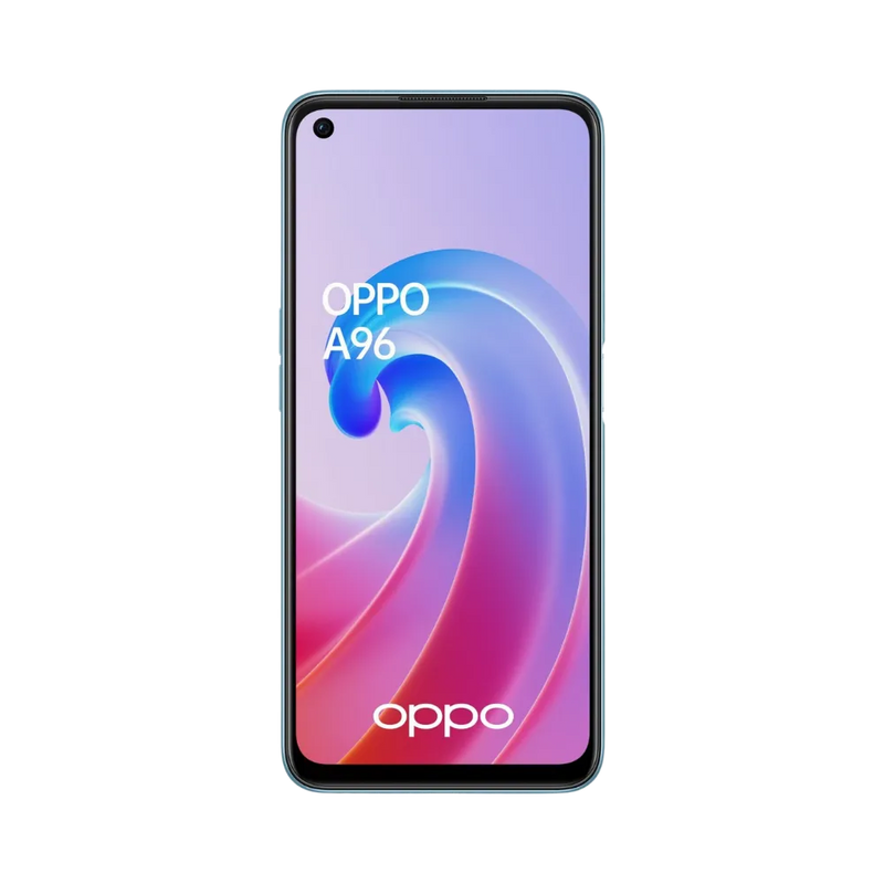 Oppo A96 affiché en vue frontale, écran allumé sur fond dégradé violet et rose, image utilisée par iTelier Lyon pour illustrer la réparation d’écran, diagnostic offert et service rapide garanti.