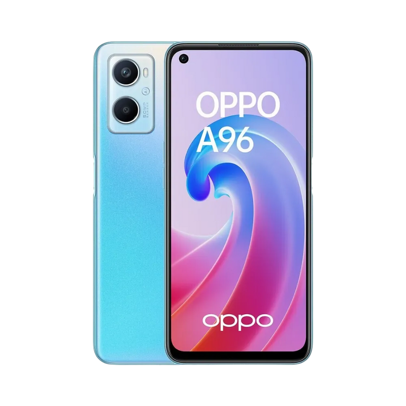 Photo Oppo A96 en vue avant avec écran allumé, angle trois quarts montrant aussi l’arrière bleu, utilisé pour fiche réparation iTelier Lyon écran cassé, batterie, diagnostic et pièces garanties.